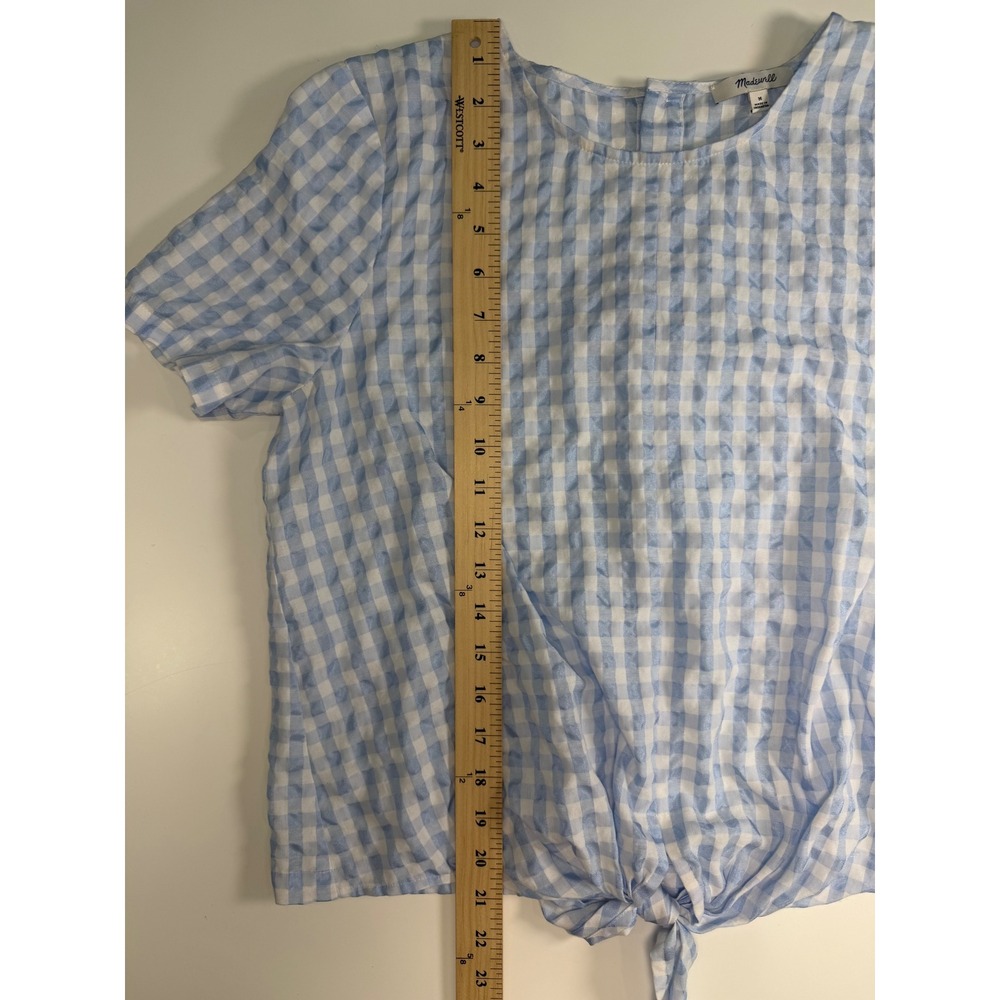 Madewell Blue Gingham Tie Front Button Back Blouse Womens M Short Sleeve Top - Picture 4 of 11